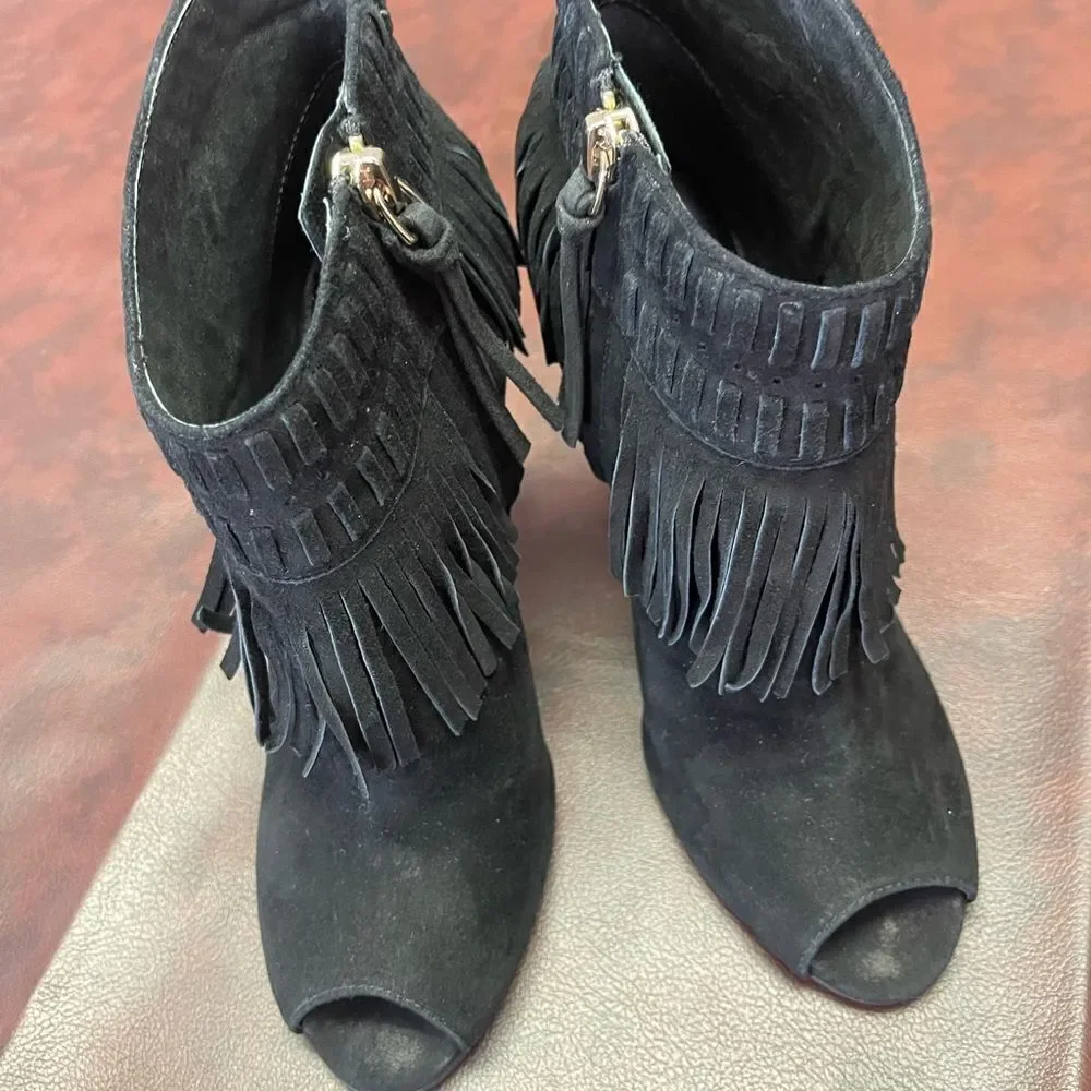 Rebecca Minkoff‎ black suede fringe heels, size 6 1/2